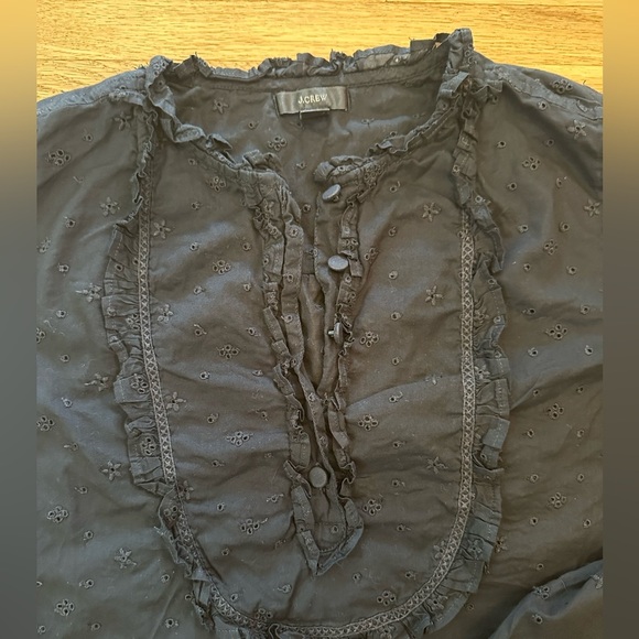 J Crew Black Floral‎ Eyelet Long Sleeve Ruffled Yoked Front Blouse Size Small - Picture 3 of 9